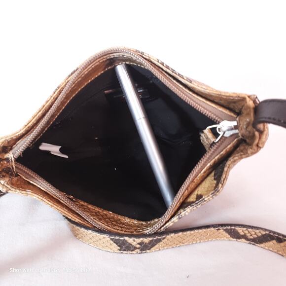 Talbots Snake Print Leather Mini Crossbody Bag Tan Brown Top Zip - Picture 6 of 8